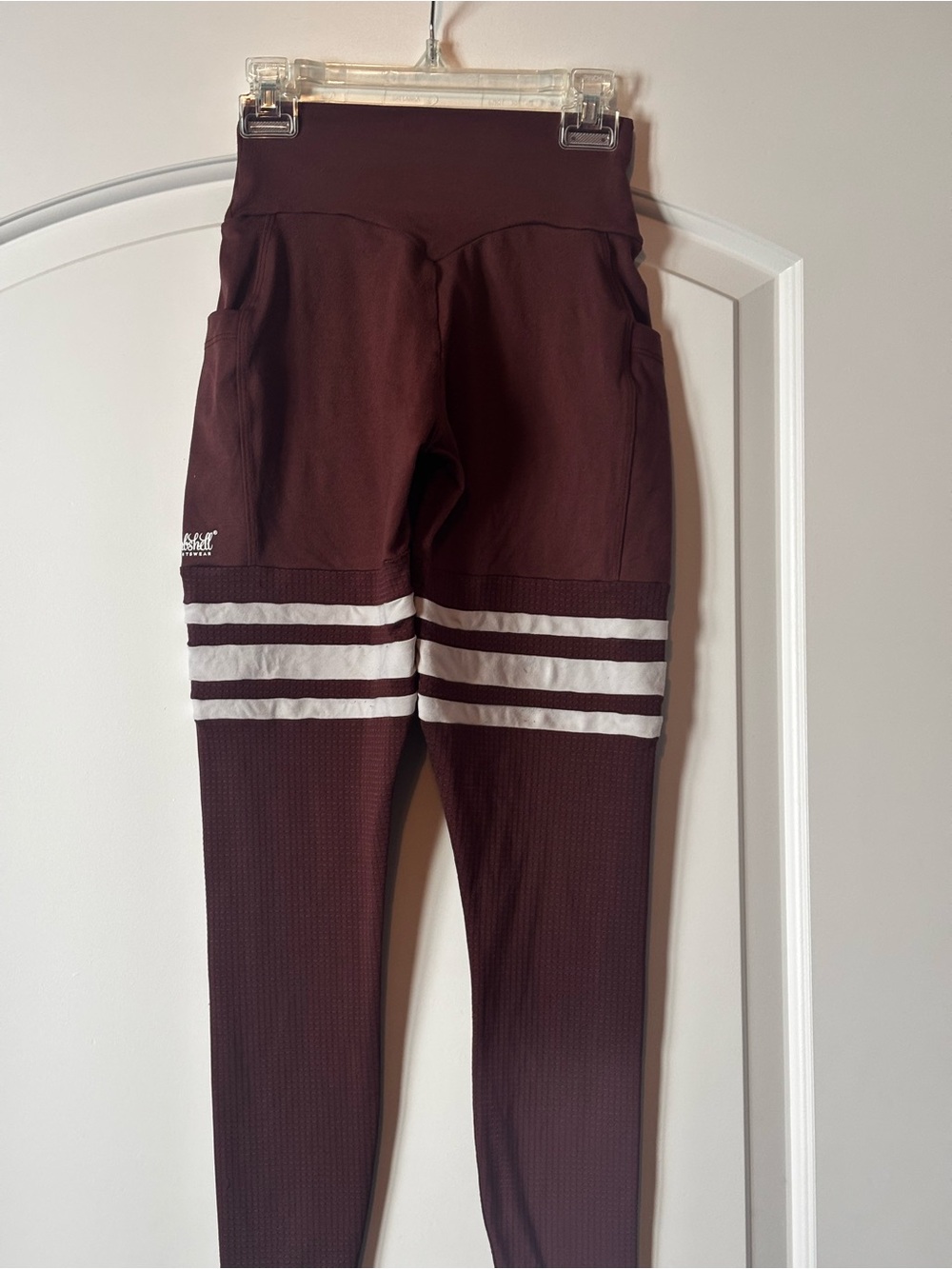 Bombshell Sportswear Burgundy Leggings with White Stripes